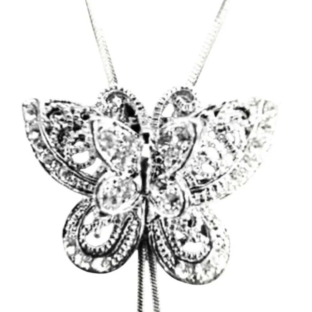 Crystal Butterfly Lariat Necklace Adjustable Silver